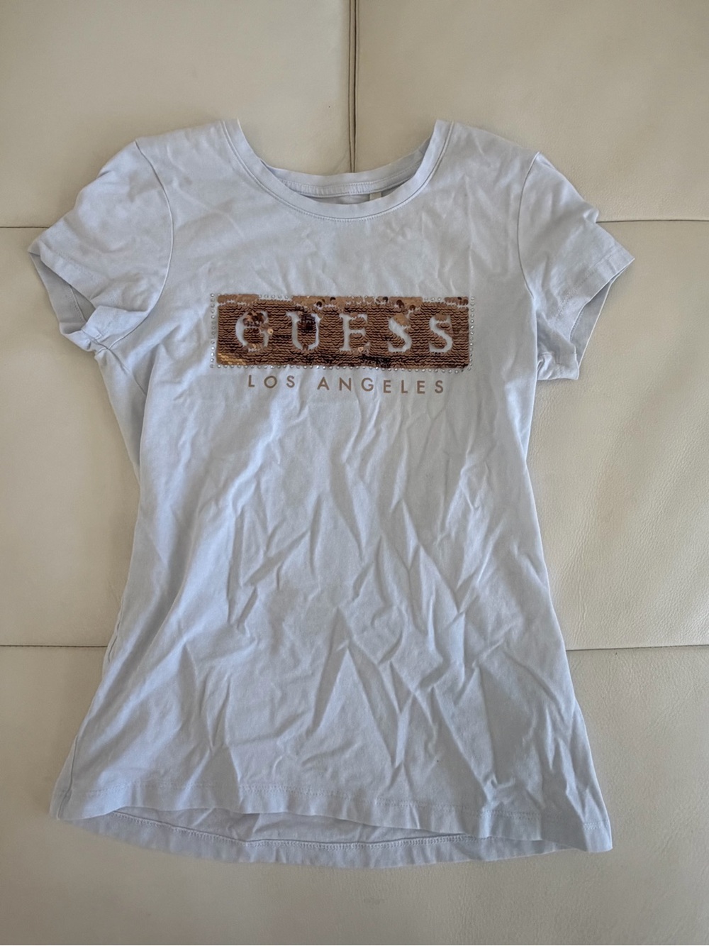 GUESS White Short-Sleeve Tee with Bronze Sequin Logo